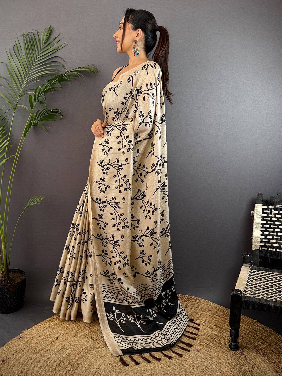 Cream Ghicha Leaf Print Saree