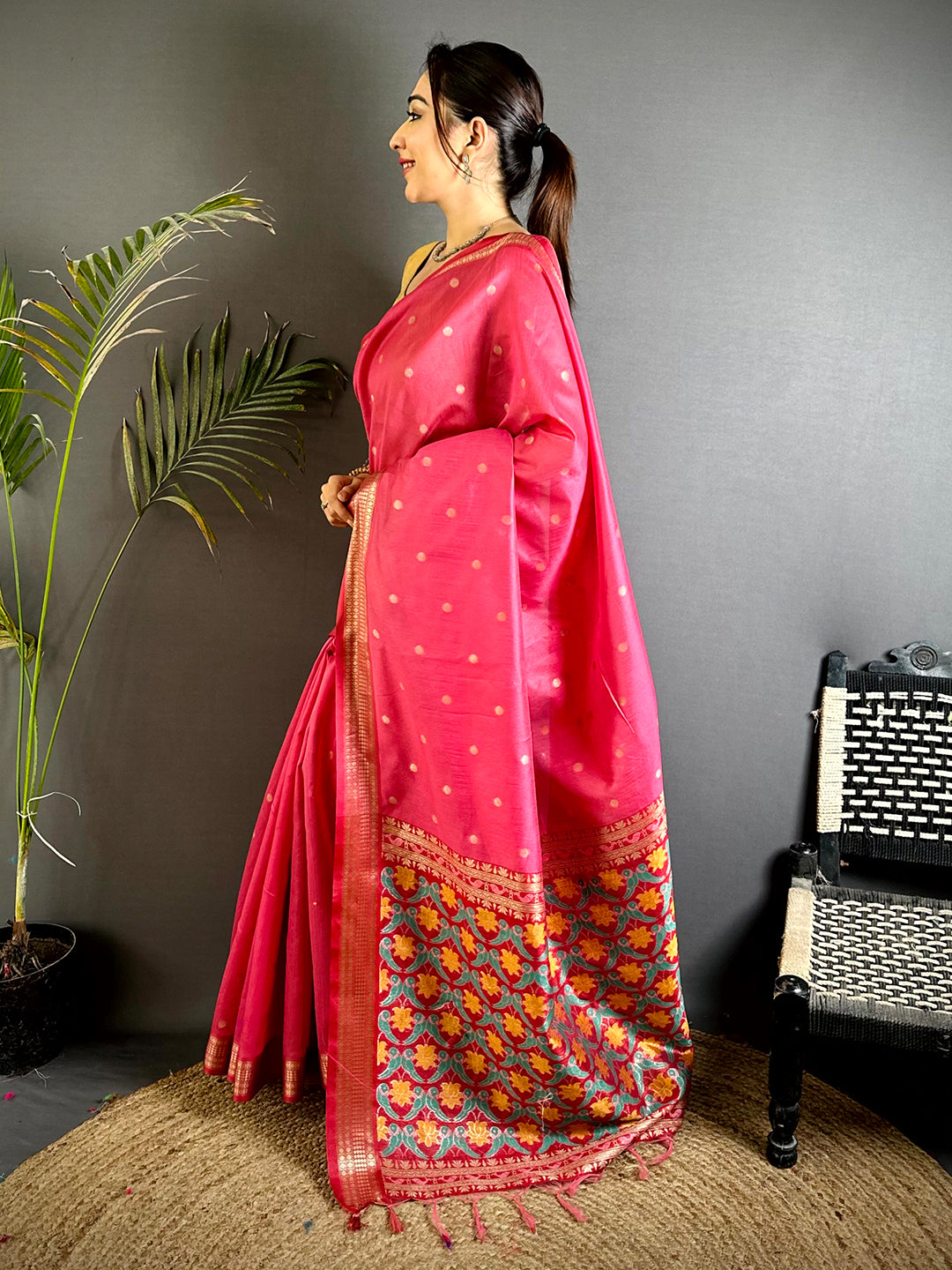 Gajri Minakari Paithani Raw Silk Saree