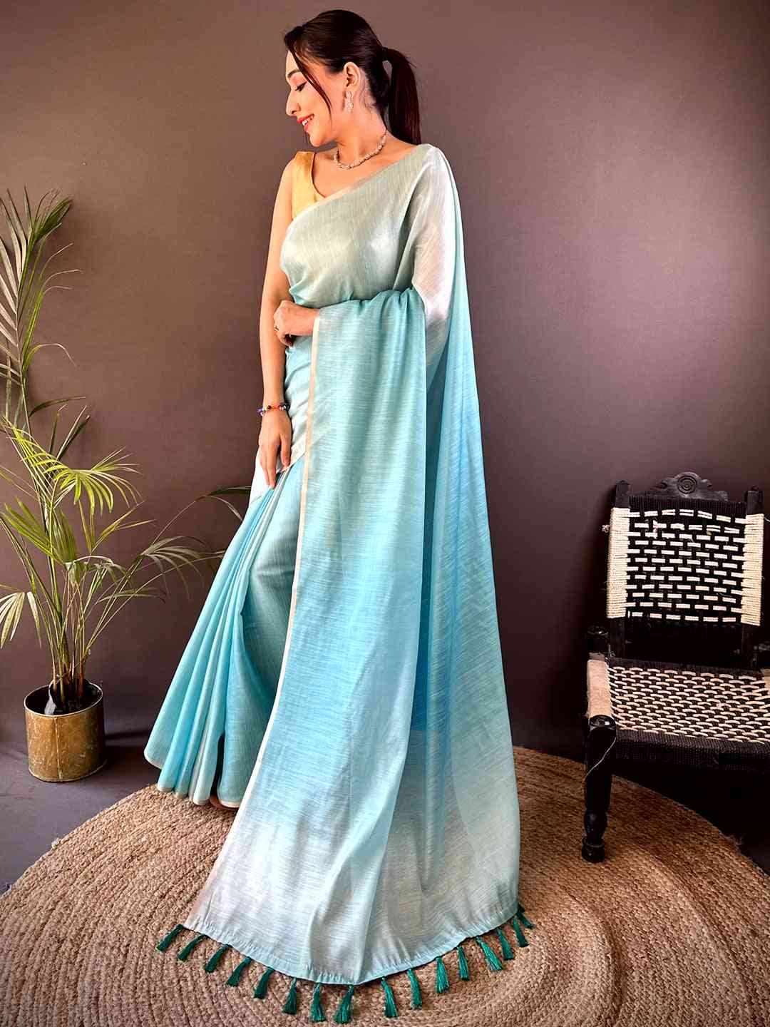 Sky Blue Ombre Chanderi Tissue Saree