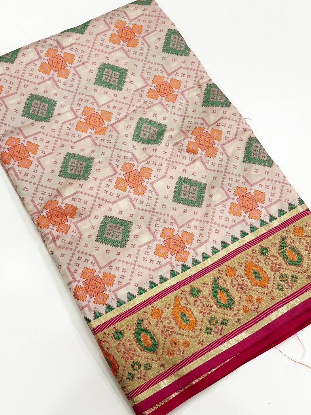 White Soft Silk Saree With Patola Weaving