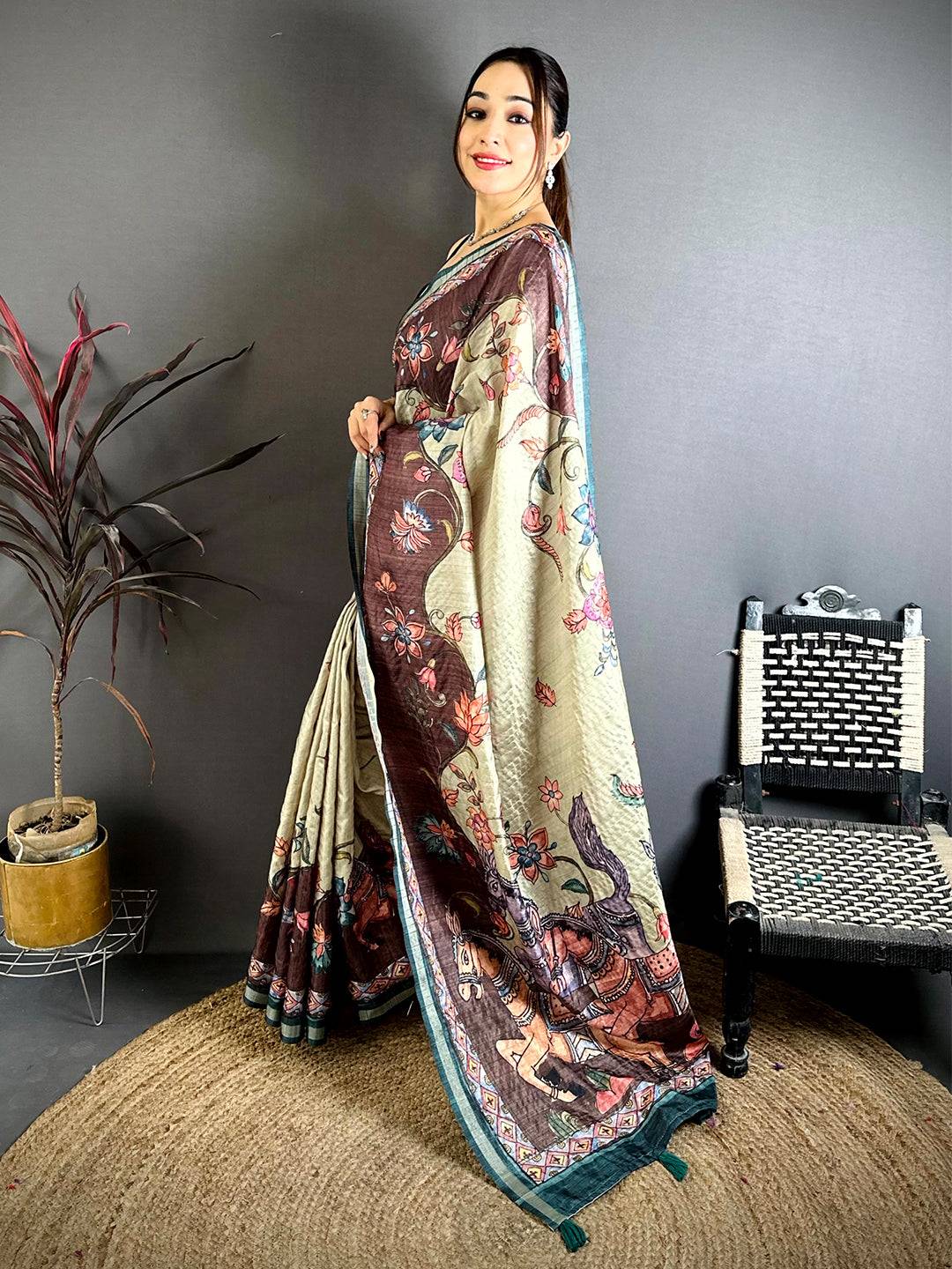 Vibrant Tussar Ghicha Kalamkari Saree