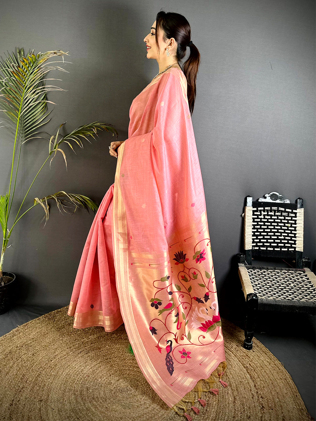 Peach Swan Minakari Linen Saree