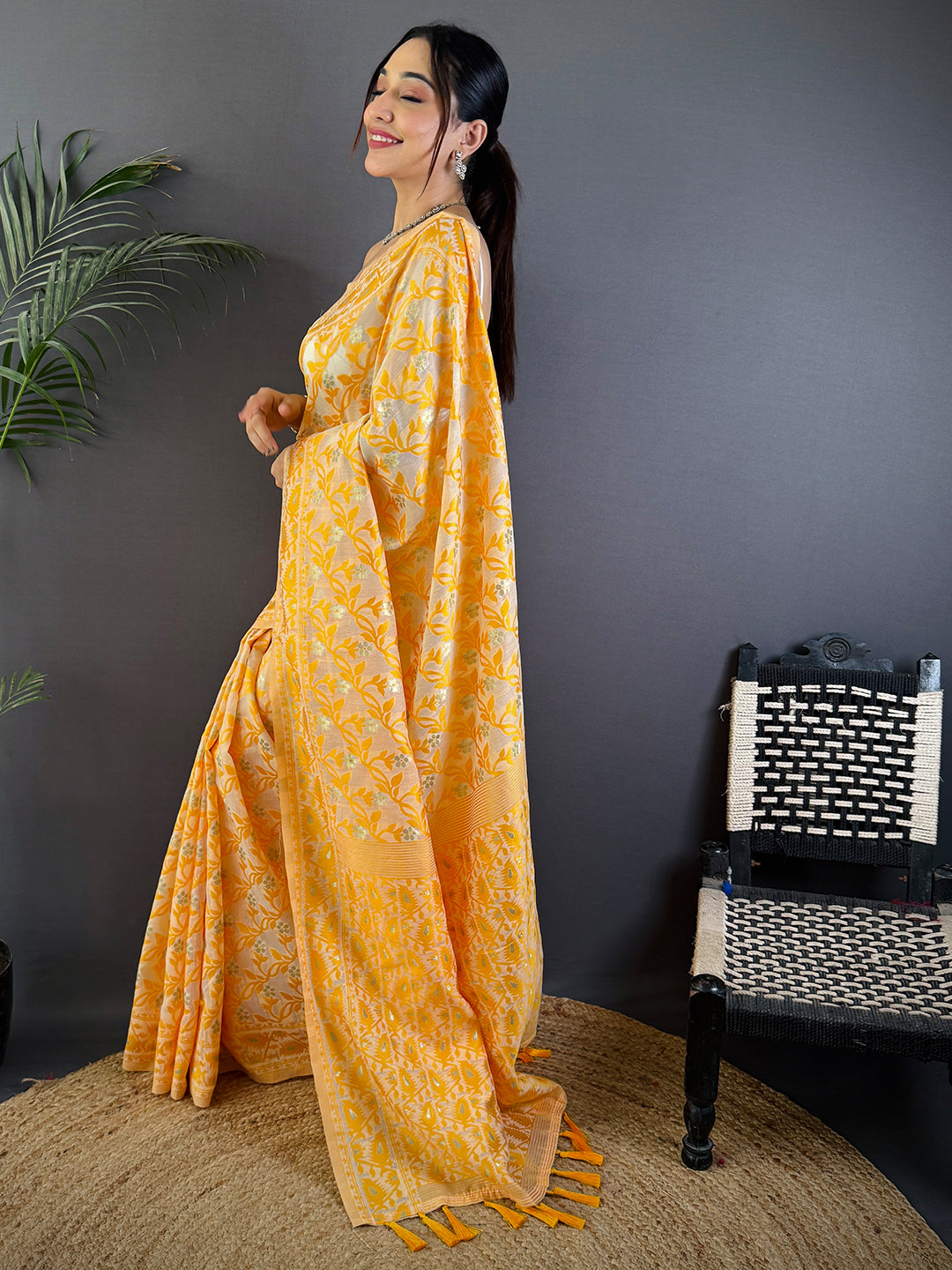 Gold Soft Dhakai Jamdani Silk Saree