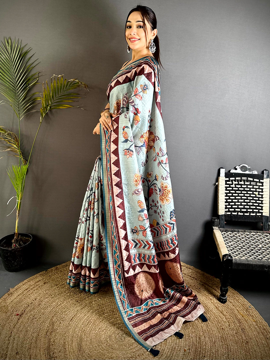 Radiant Ajrakh Kalamkari Tussar Saree