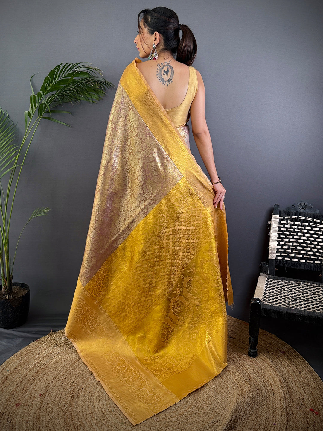Blush Pink Golden Threadwork Dharmavaram Saree