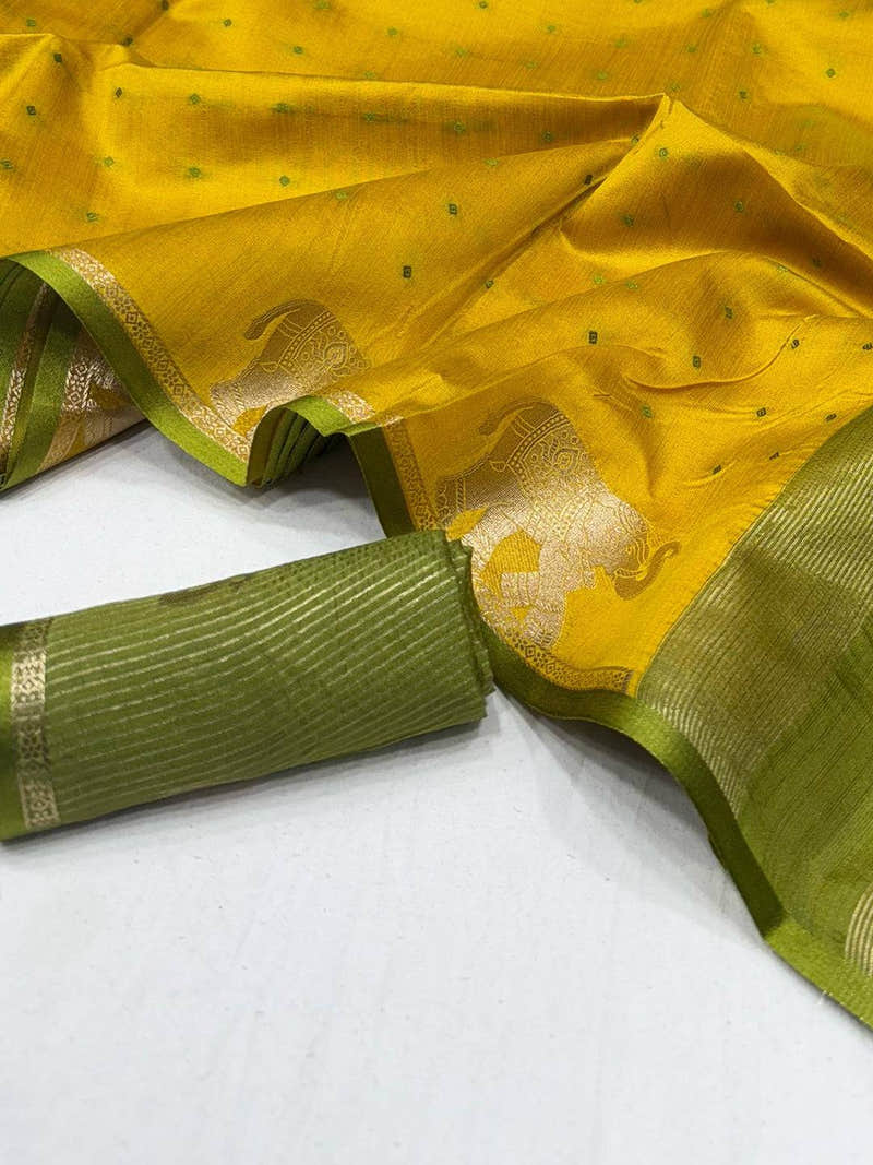 Yellow Soft Silk Bandhani Butti Saree