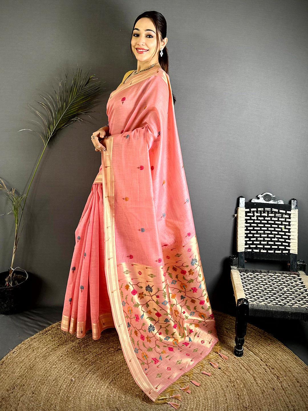 Pink Geometric Patola Khadi Linen Saree