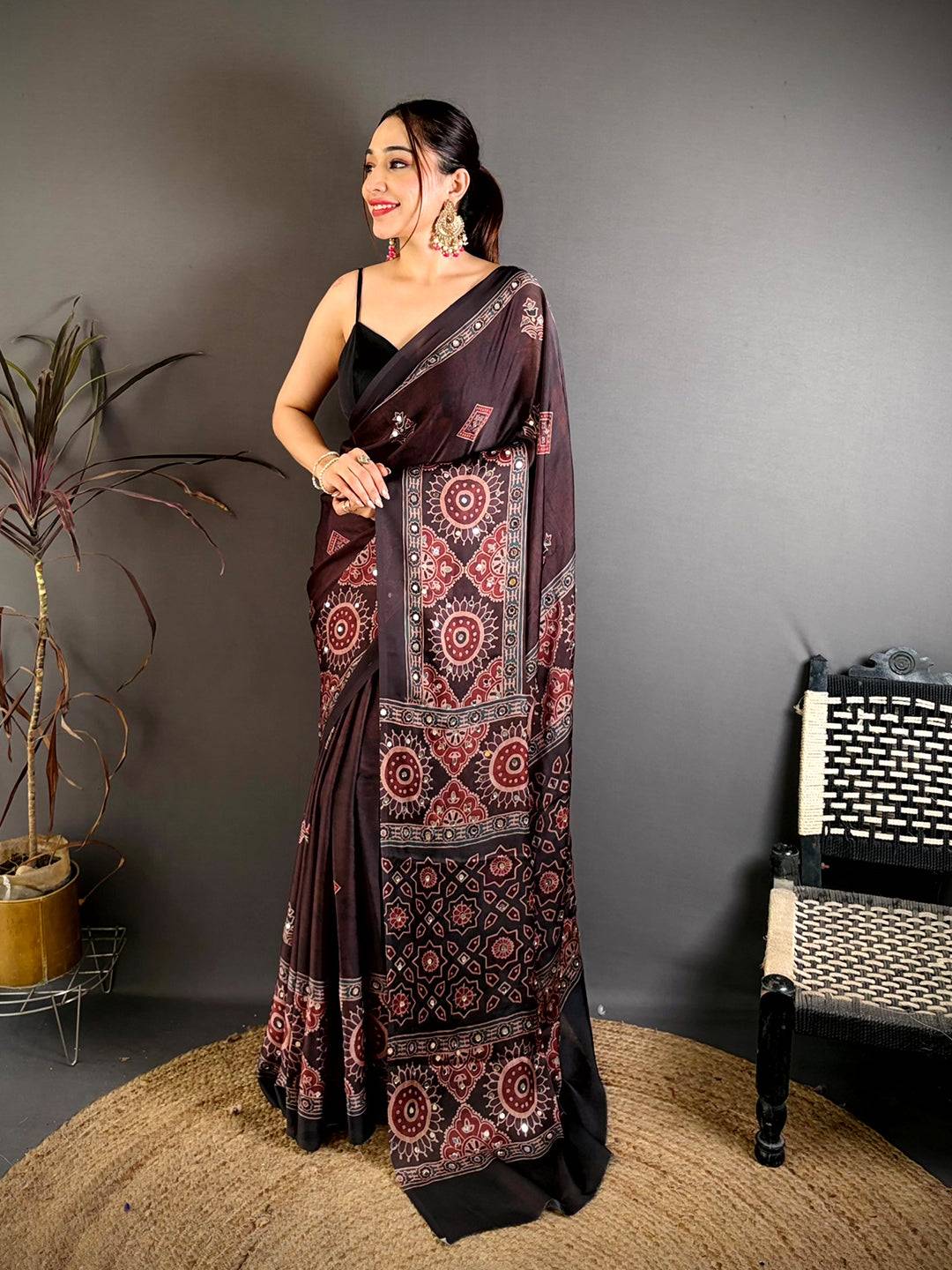 Classic Ajrakh Print Mirror Work Saree