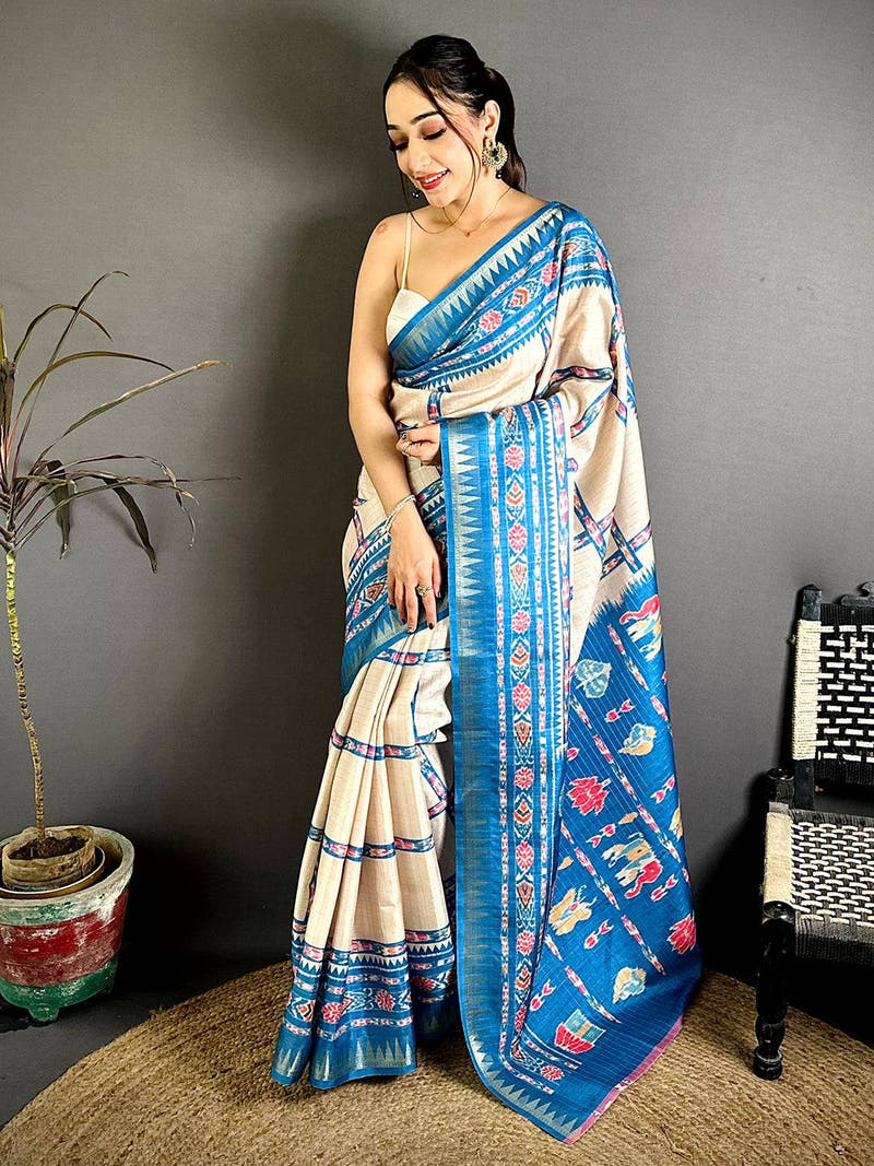 Sky Blue Meenakari Ikkat Print Tussar Saree