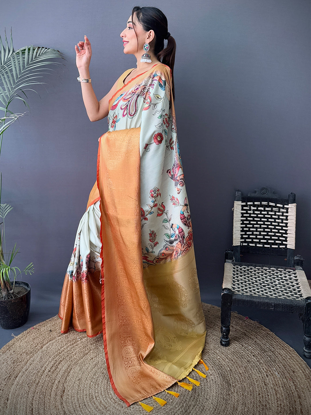 Royal Cherry Satin Kalamkari Printed Saree
