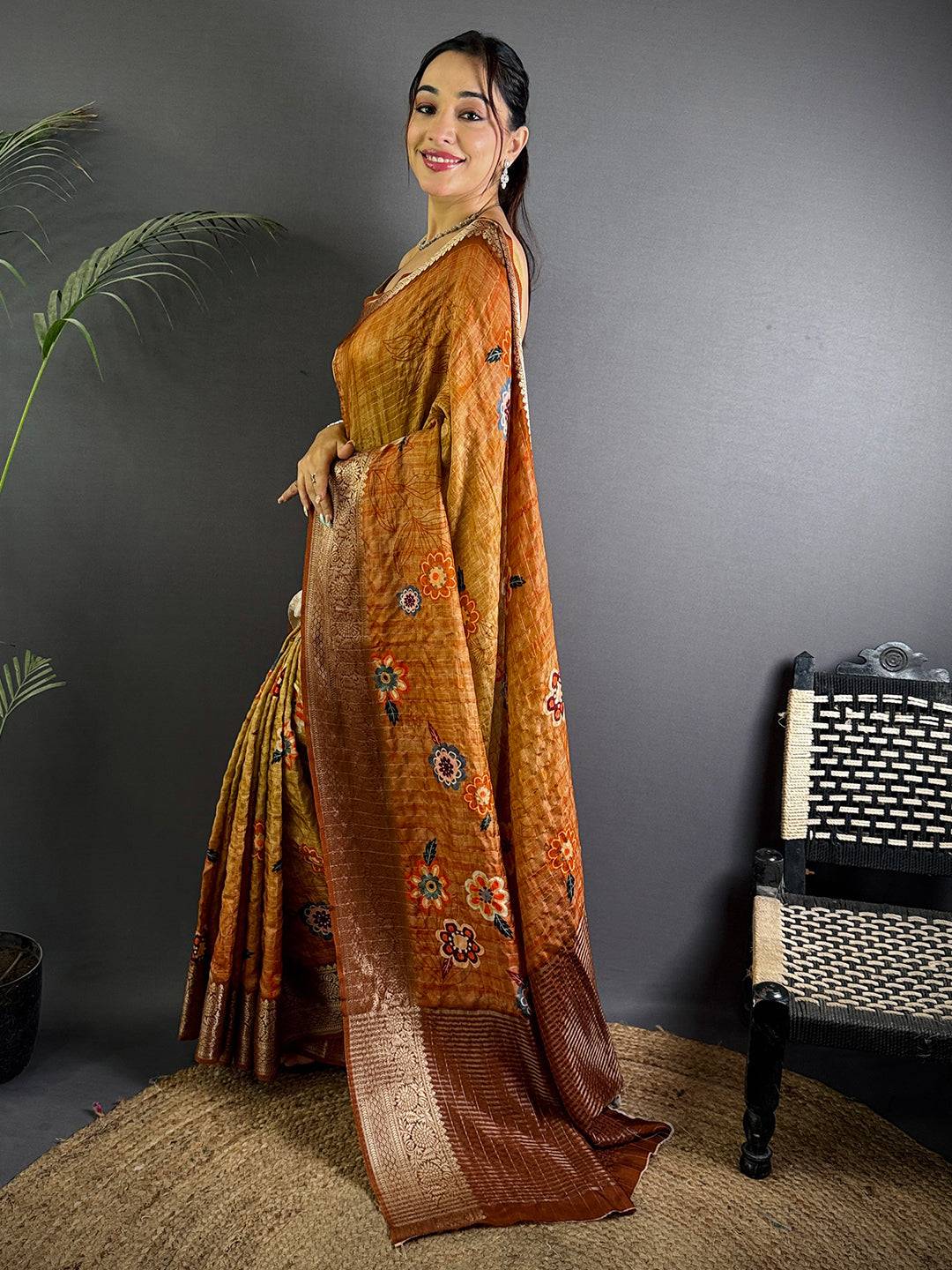 Orange Floral Printed Viscose Saree