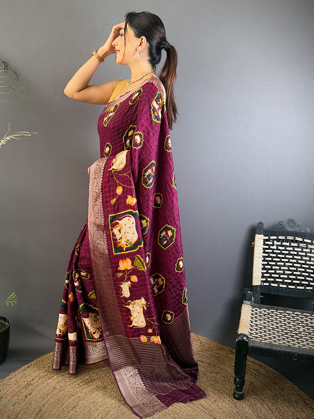 Deep Wine Pure Viscose Kalamkari Saree