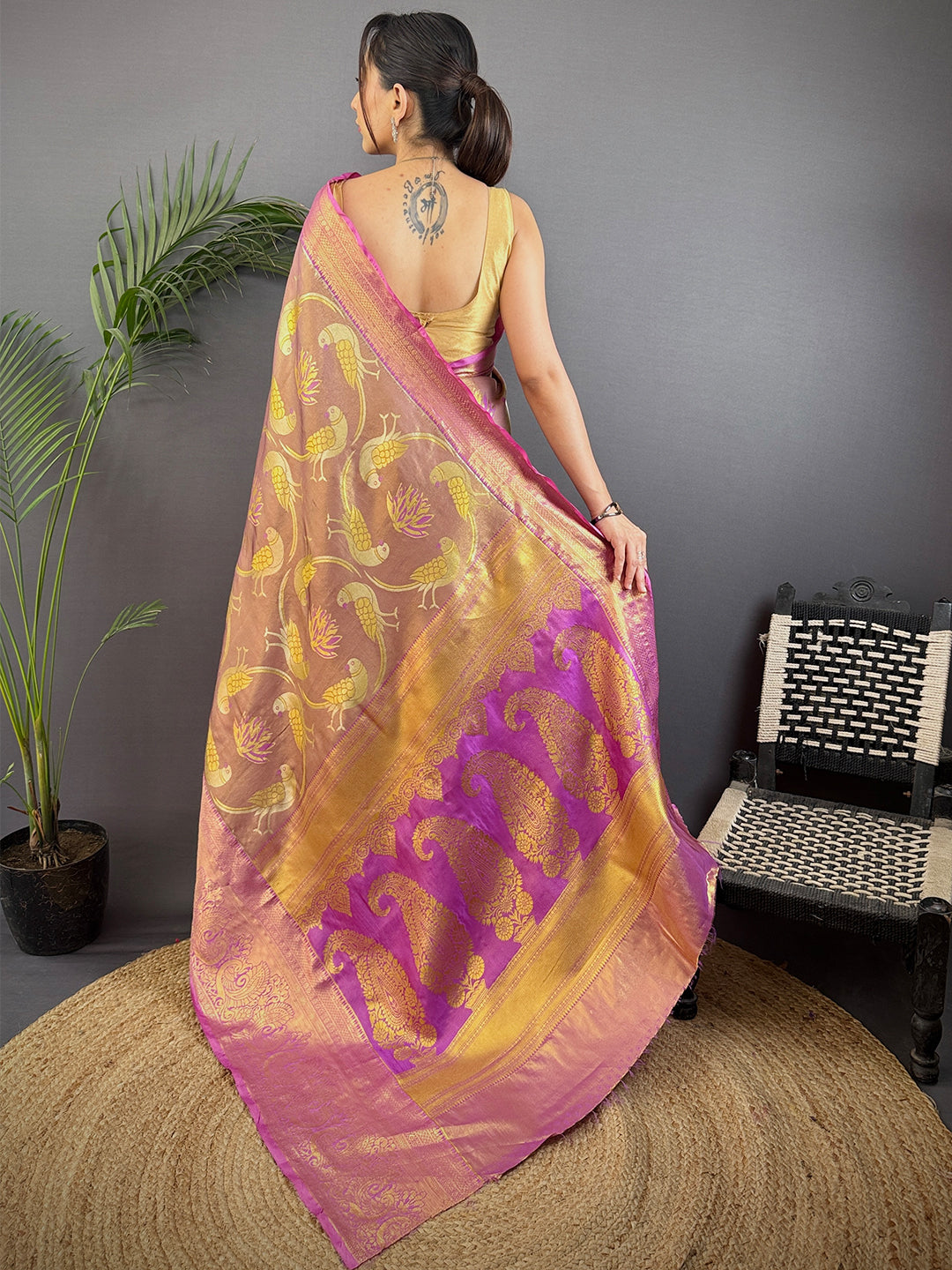 Beige Dharmavaram Gold Birds Print Saree