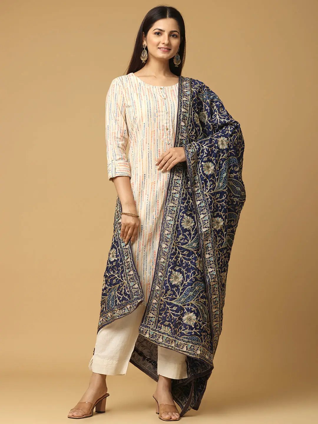 Front view of navy chiffon pashmina dupatta with ethnic design