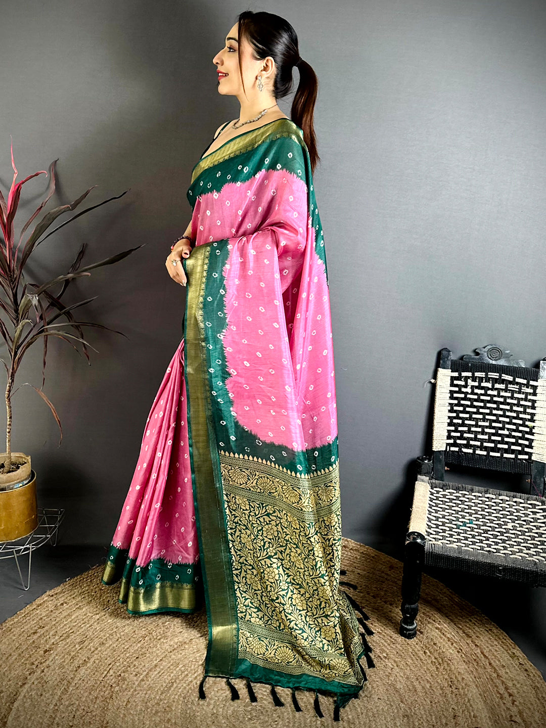 Pink Bandhej Printed Dola Silk Saree
