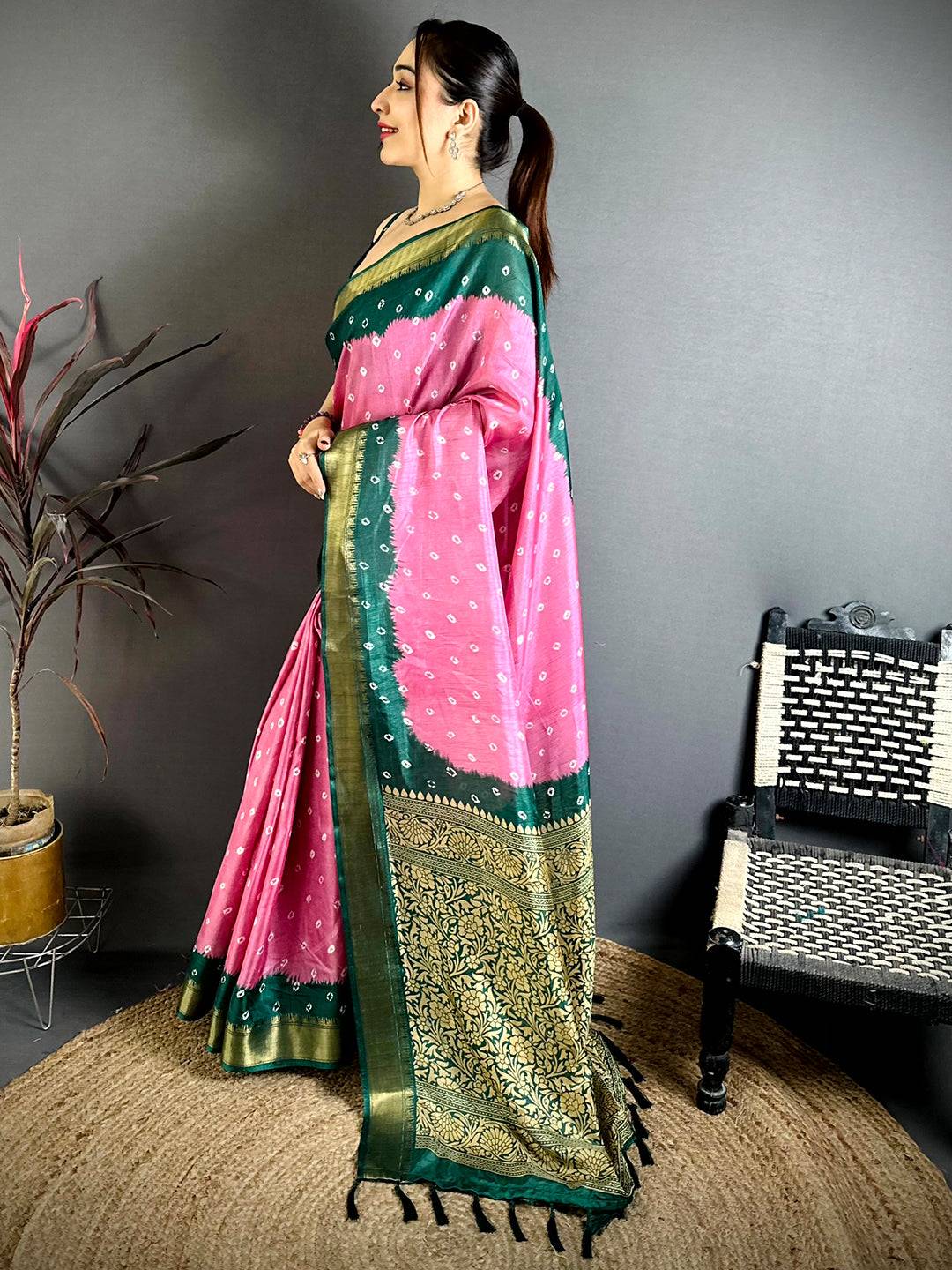 Pink Bandhej Printed Dola Silk Saree