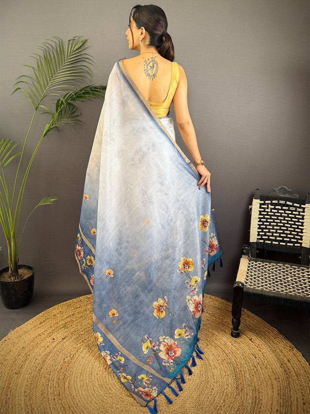 Denim Blue Linen Chanderi Floral Print Saree