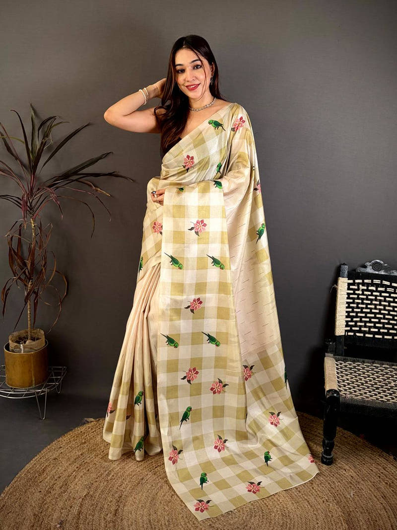 Radiant Parrot Print Soft Tussar Saree