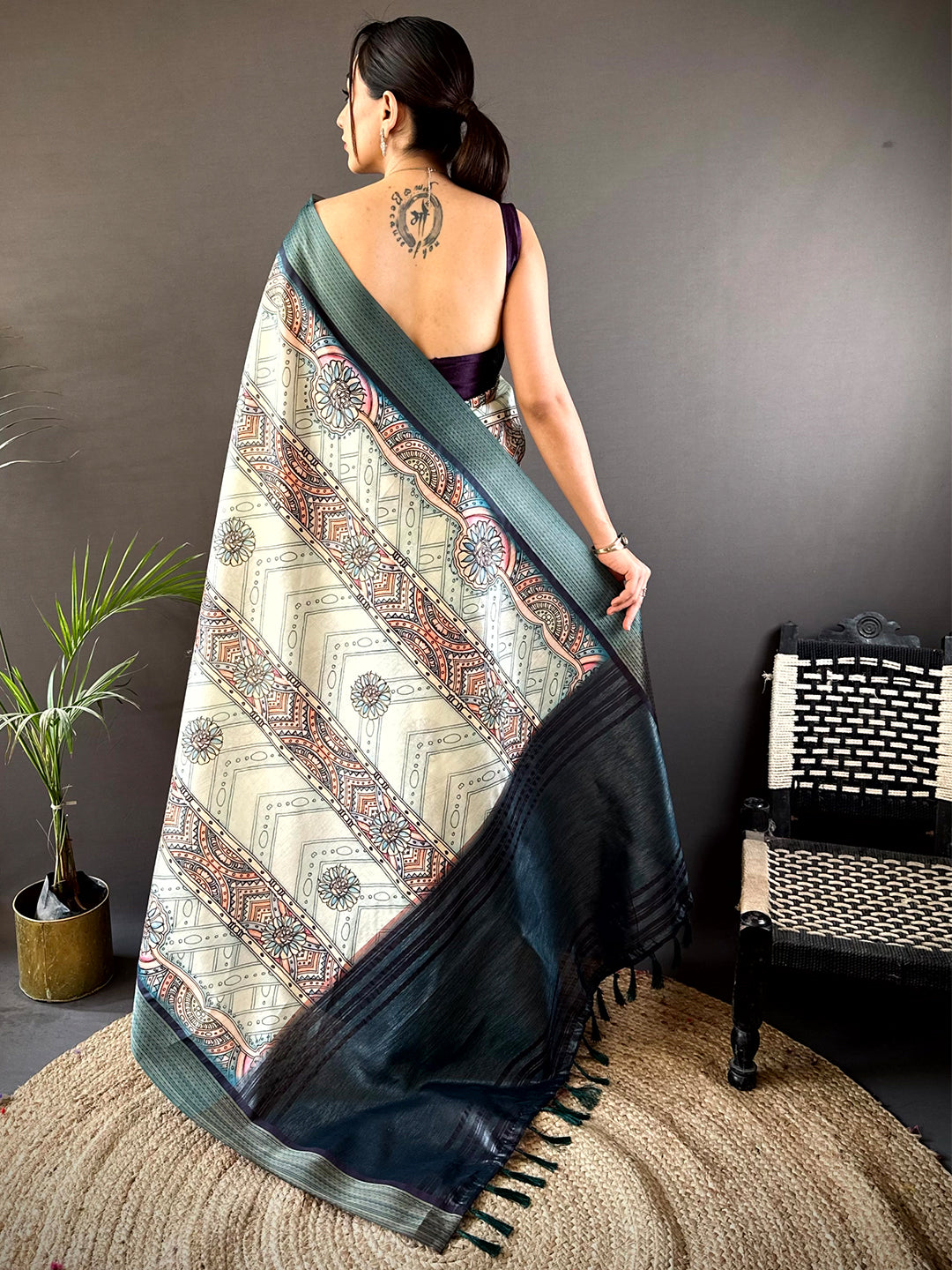Off White Digital Kalamkari Printed Tussar Silk Saree