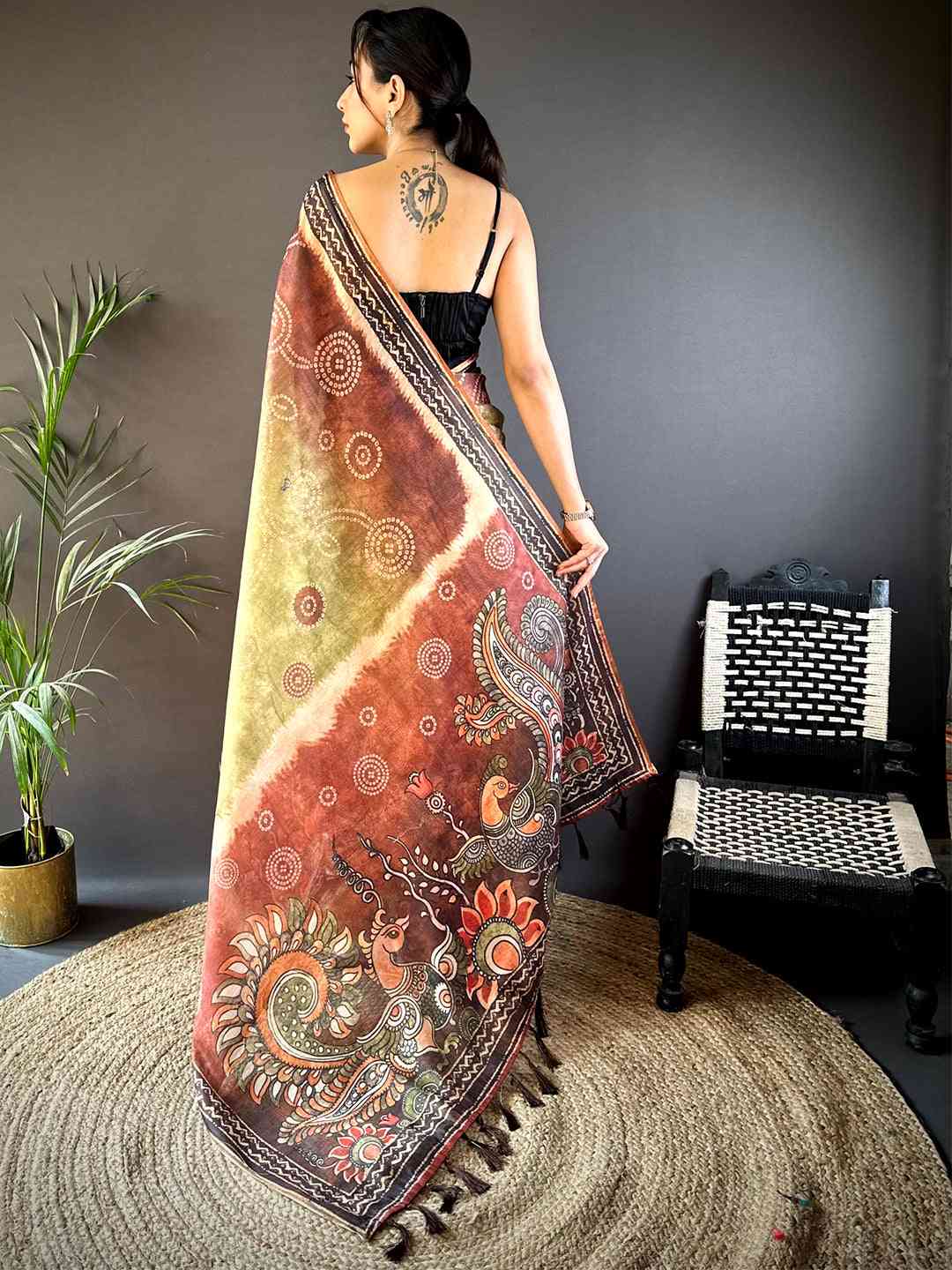 Olive Kalamkari Bandhani Chanderi Saree