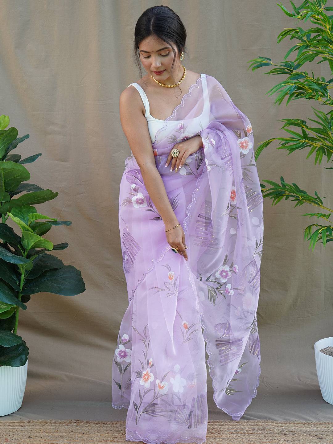 Lavender Organza Saree with Floral Prints and Cutwork Border
