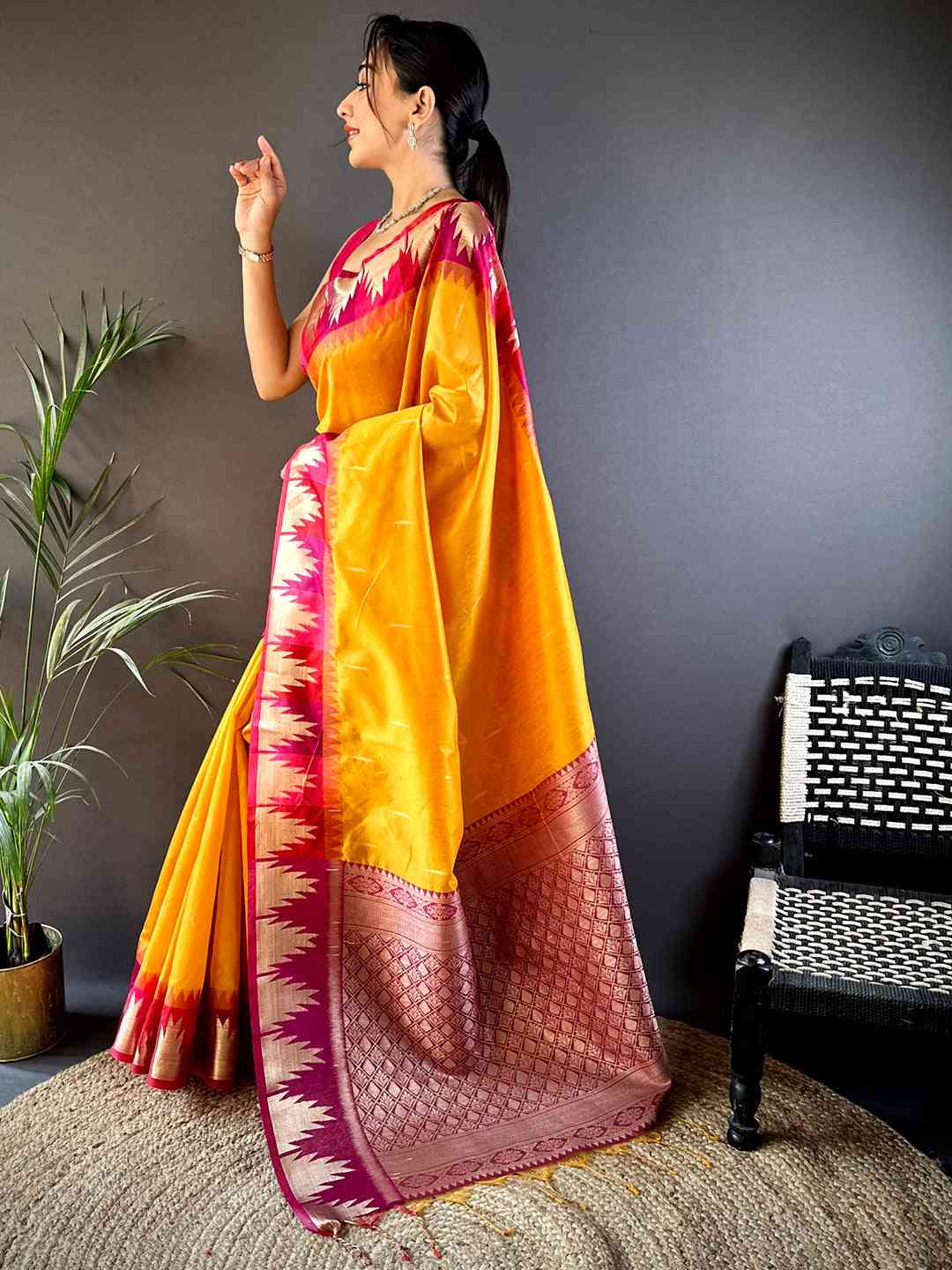 Yellow Banarasi Raw Silk Ikkat Saree