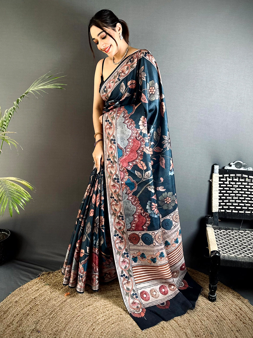 Artistic Dark Floral Soft Tussar Saree