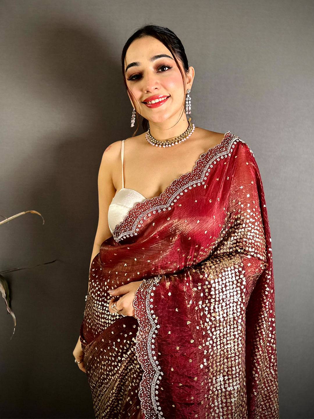 Wine Hotfix Sequin Diamond Zarkon Saree