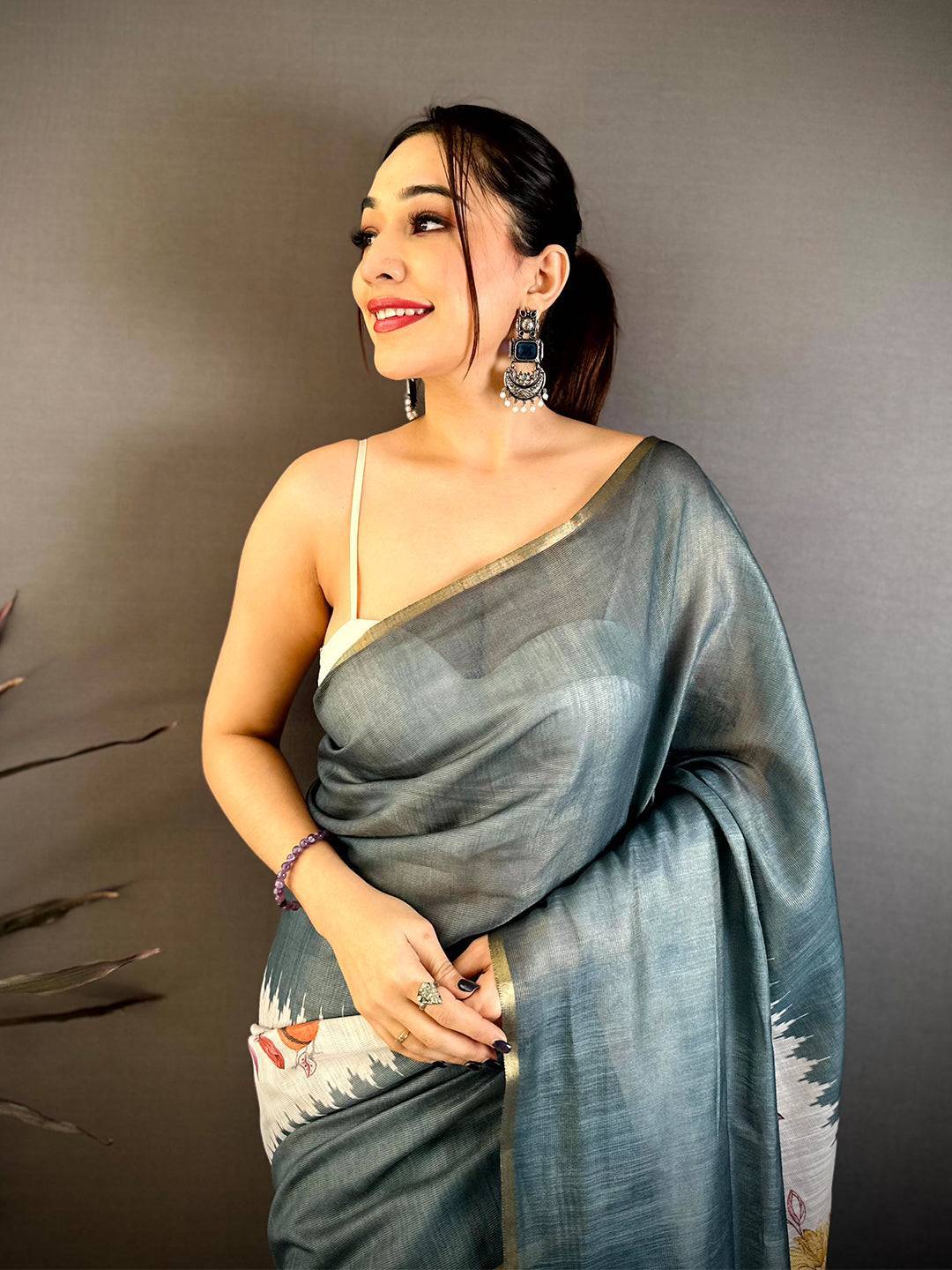 Steel Blue Floral Ikat Linen Chanderi Saree