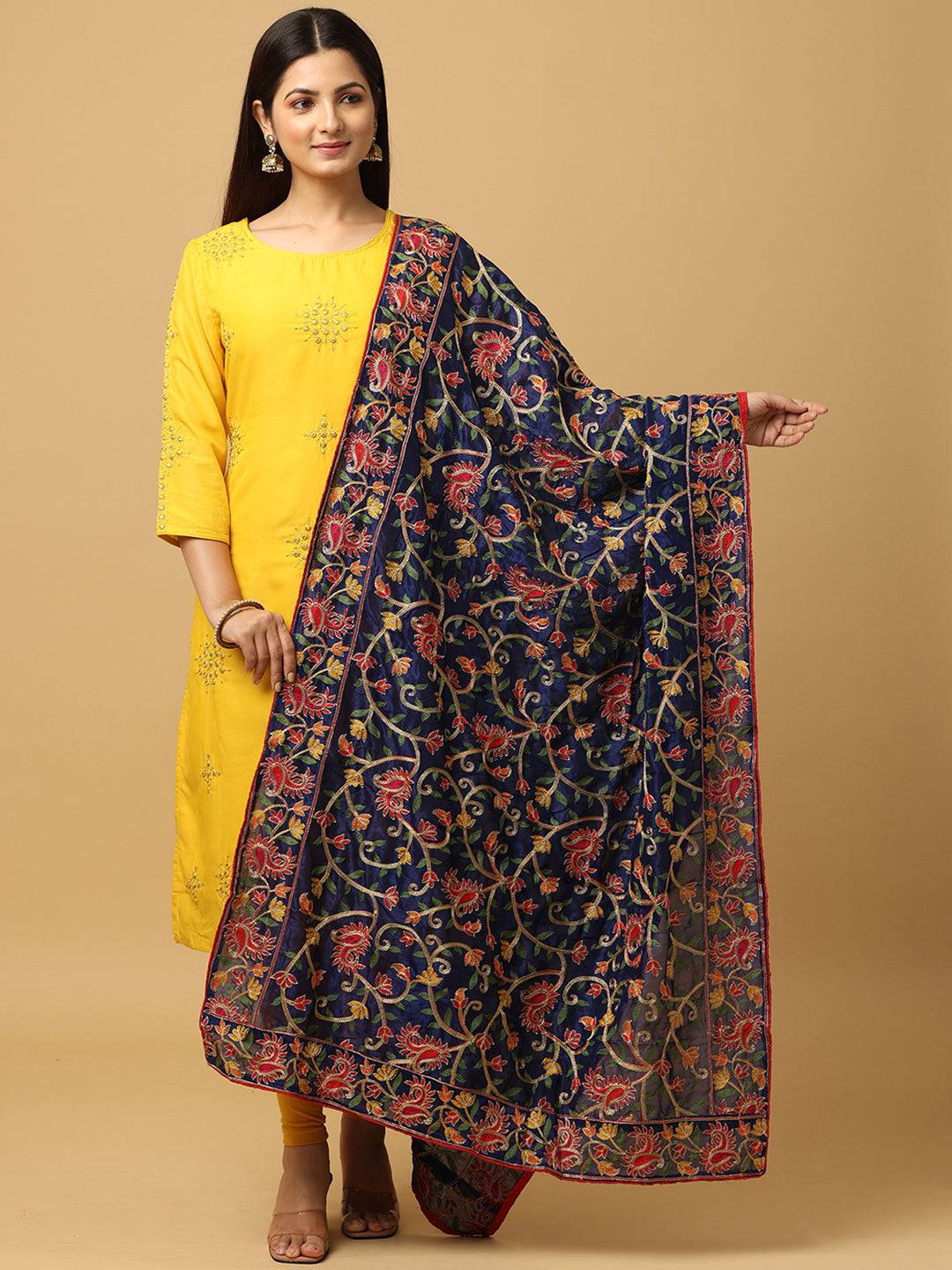 Navy poly chiffon pashmina dupatta with threadwork, front view.