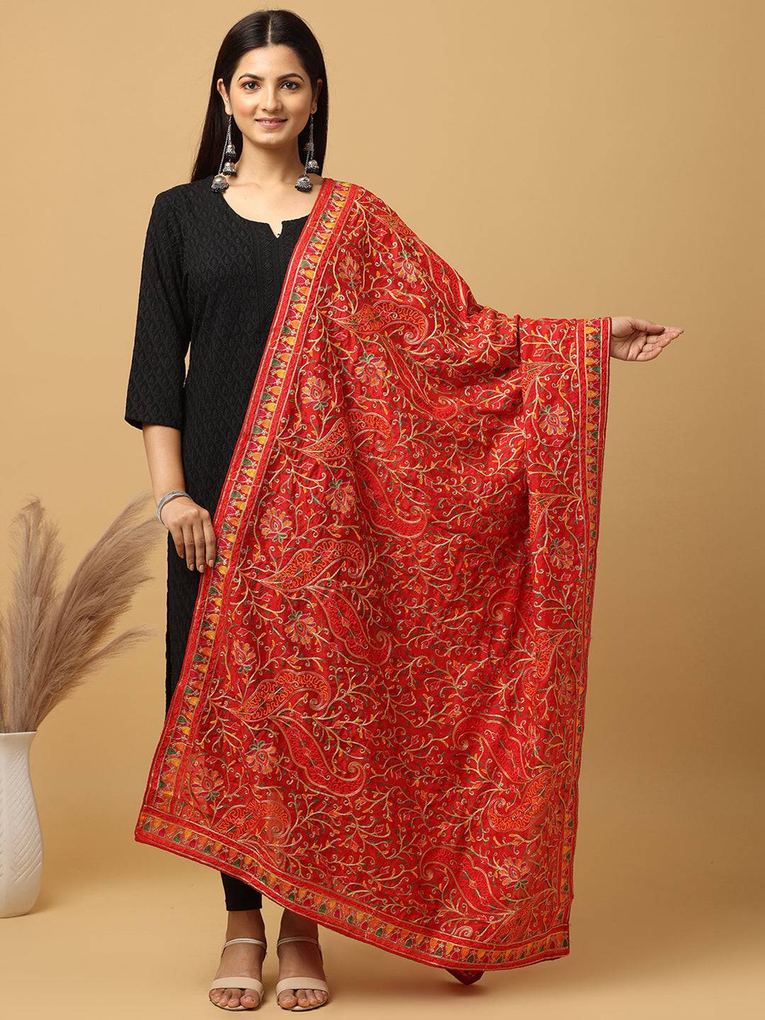 Red poly chiffon pashmina dupatta with intricate threadwork