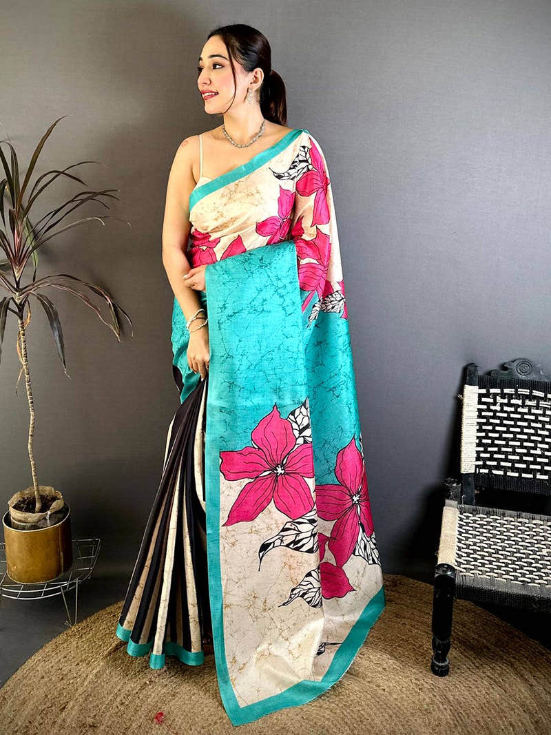 Opulent Tussar Floral Batik Print Saree
