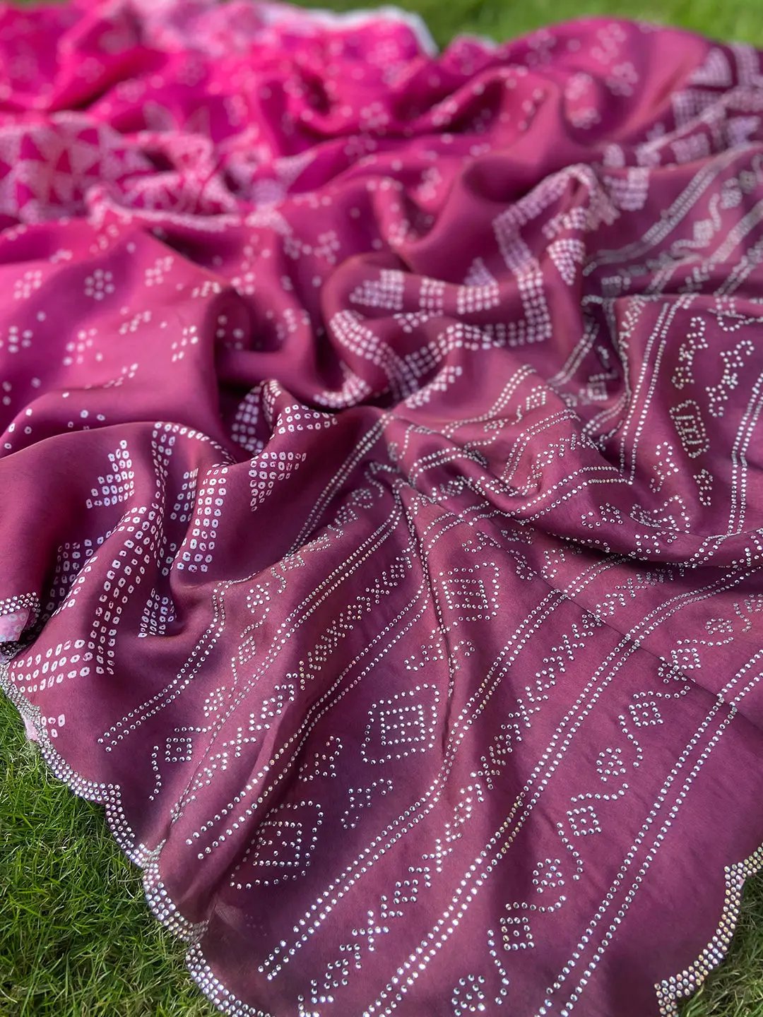 Georgette Silk Saree with Ombre Bandhej Print & Stone Work
