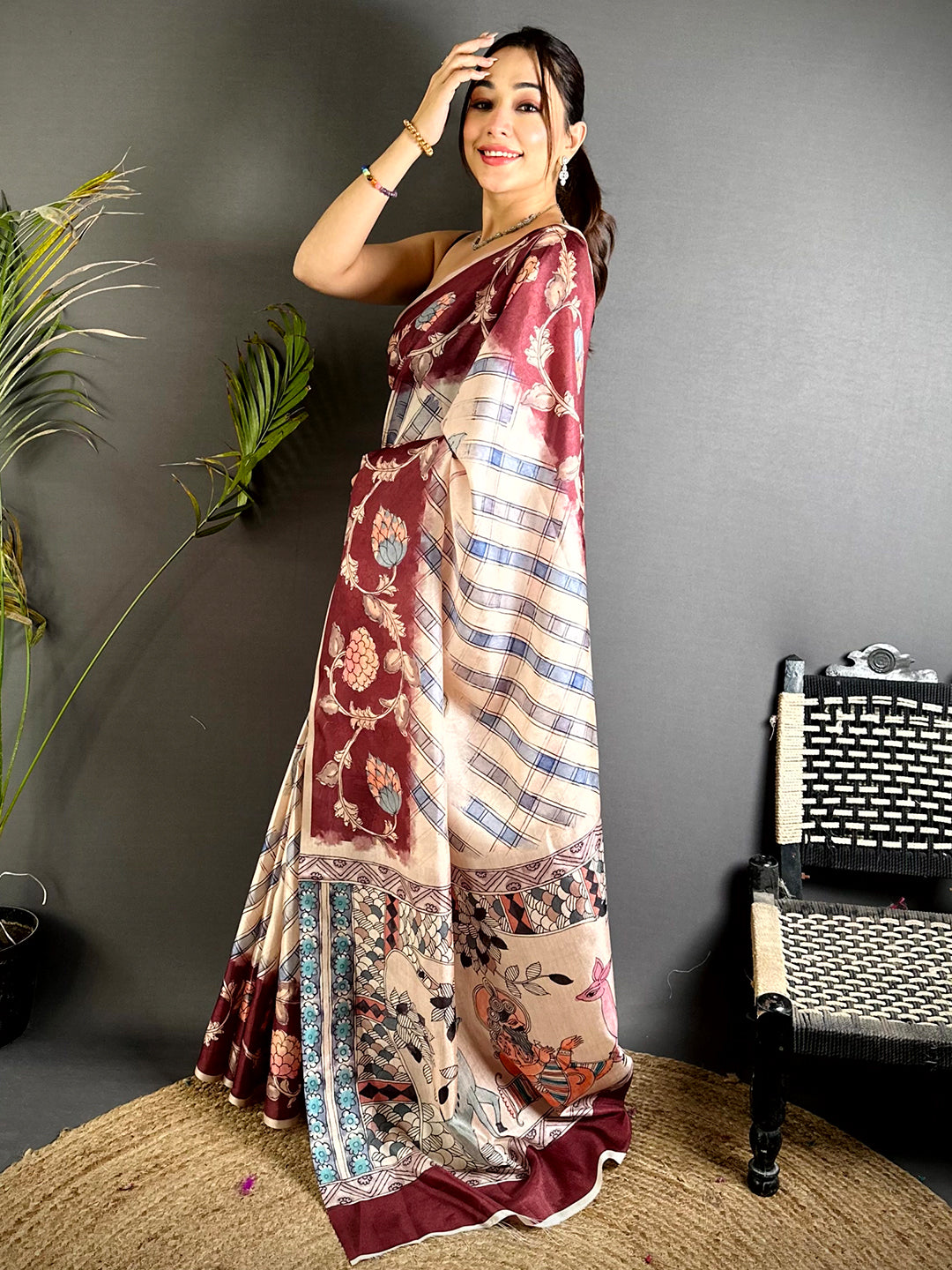 Artistic Chex Kalamkari Tussar Saree