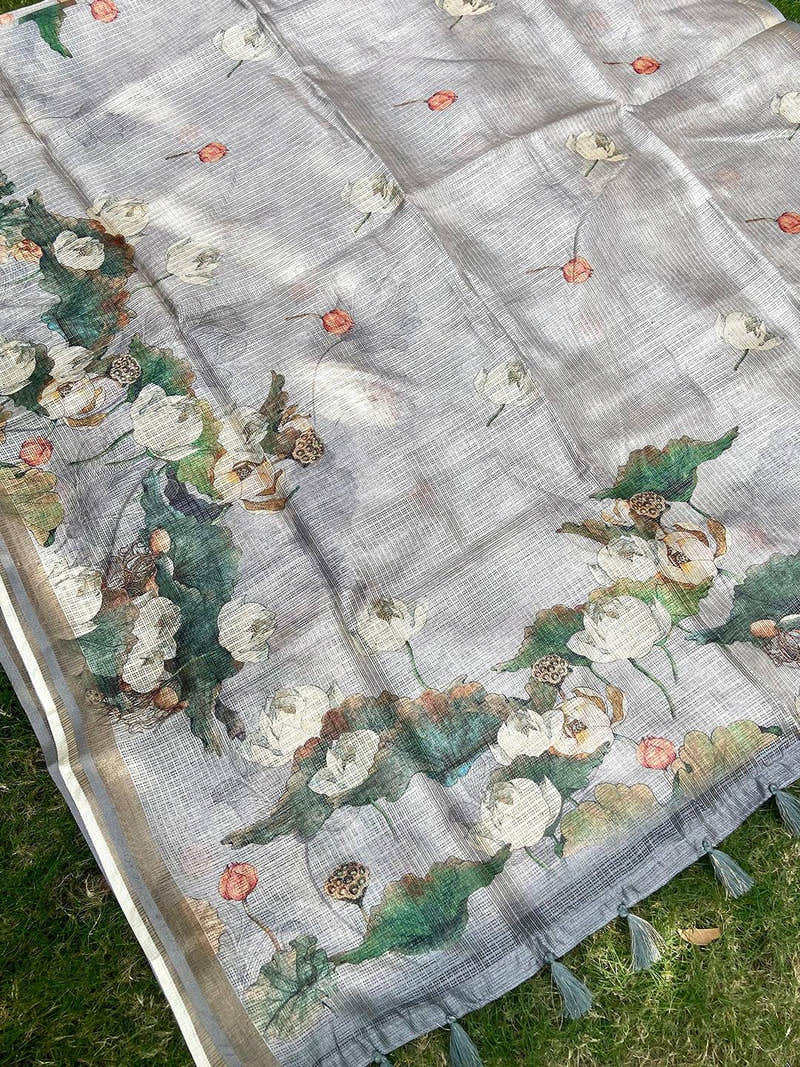 Bollywood Grey Soft Kota Doriya Silk Saree With Flower Print