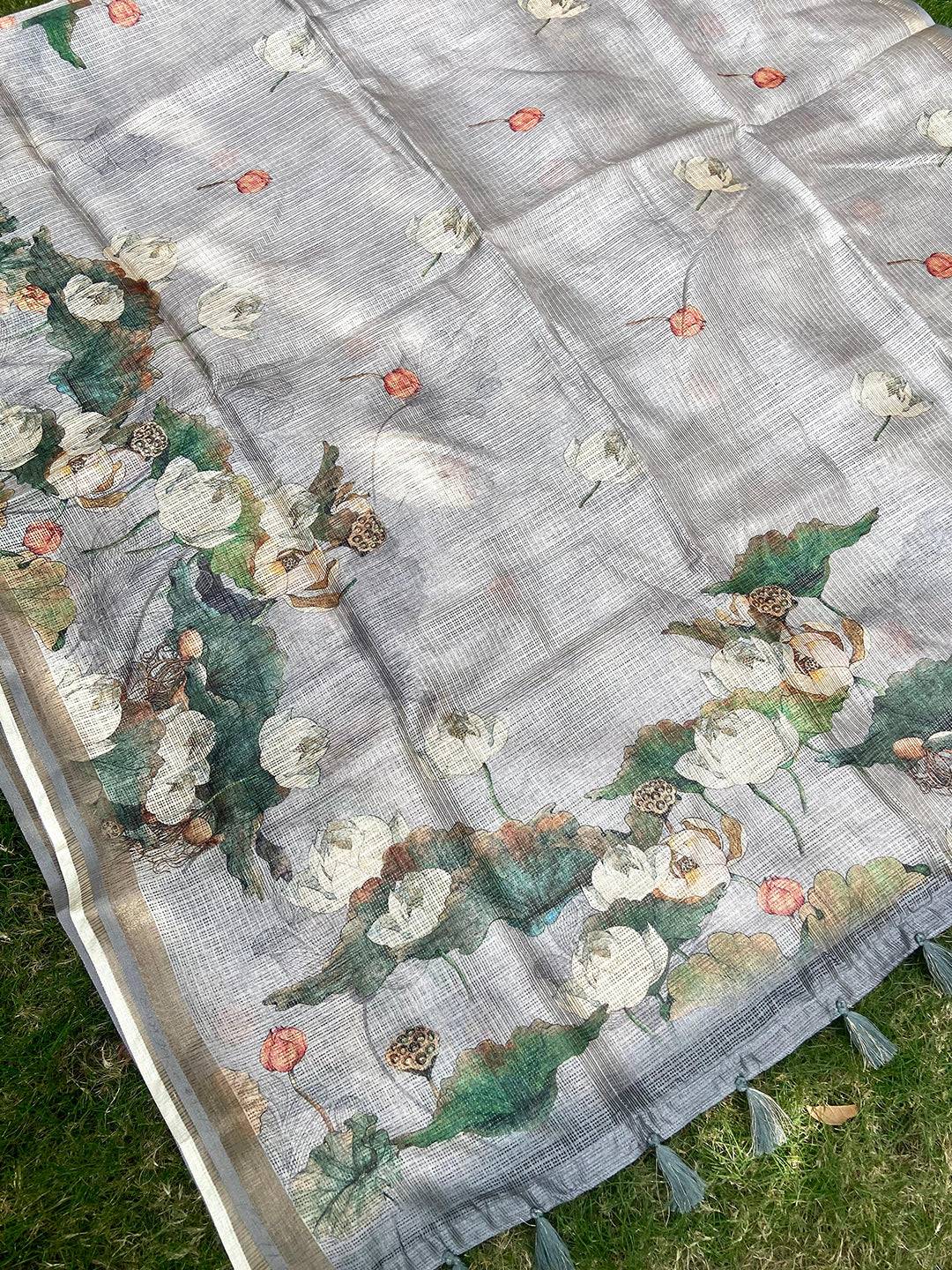 Bollywood Grey Soft Kota Doriya Silk Saree With Flower Print