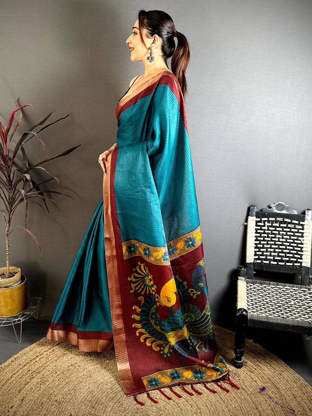 Teal Tussar Zari Chex Kalamkari Saree