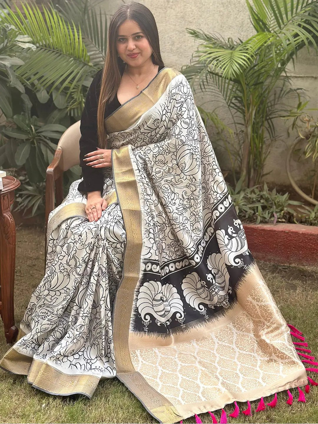 Elegant Kalamkari saree with intricate block print design