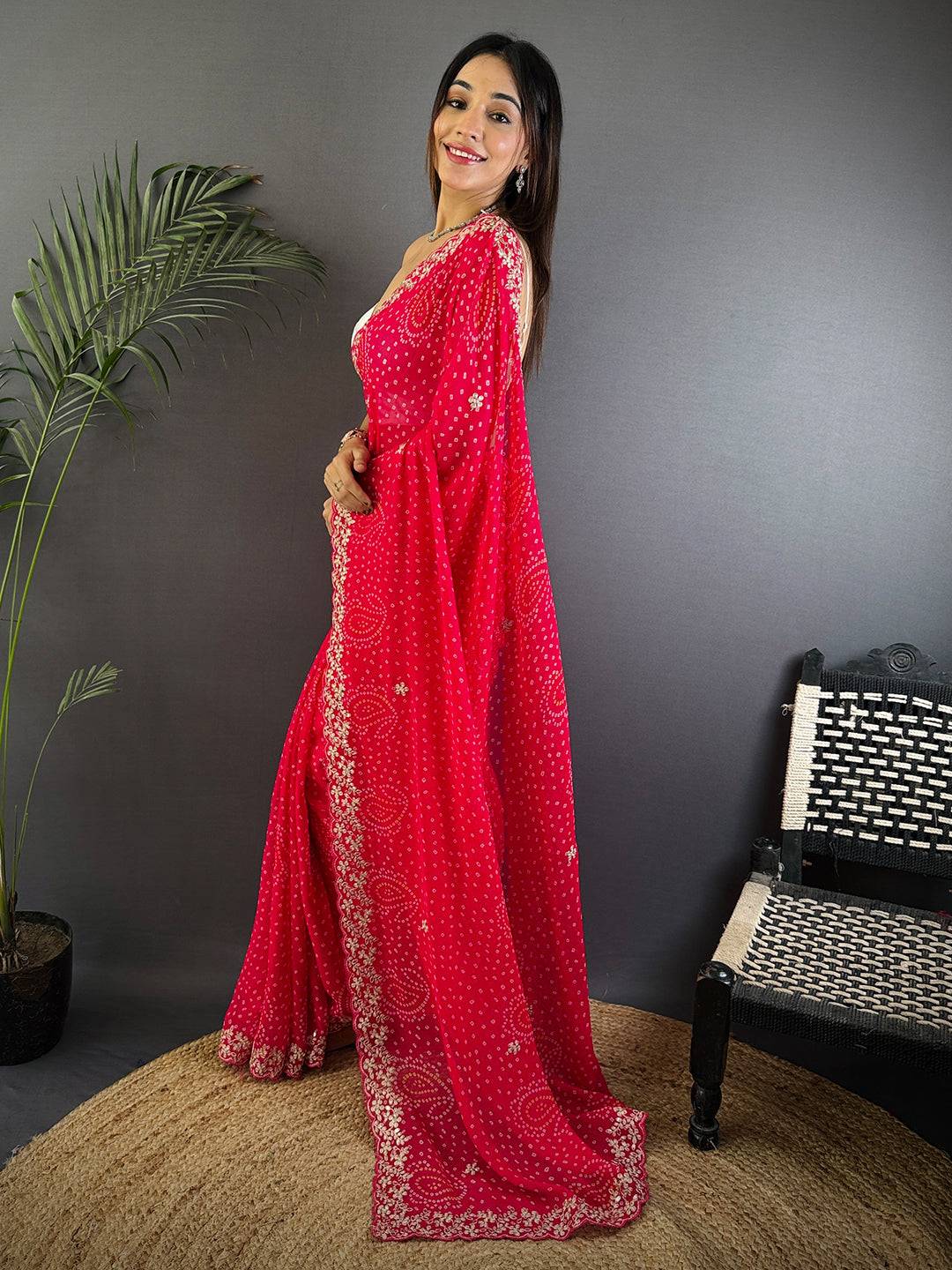 Radiant Pink Soft Georgette Bandhej Print Saree