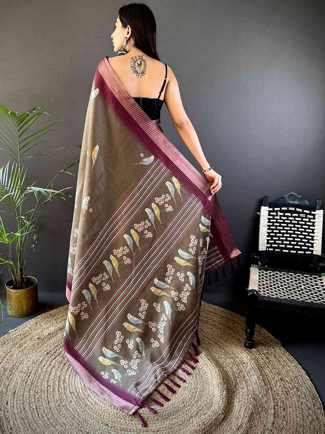 Brown Chanderi Check Sparrow Print Saree