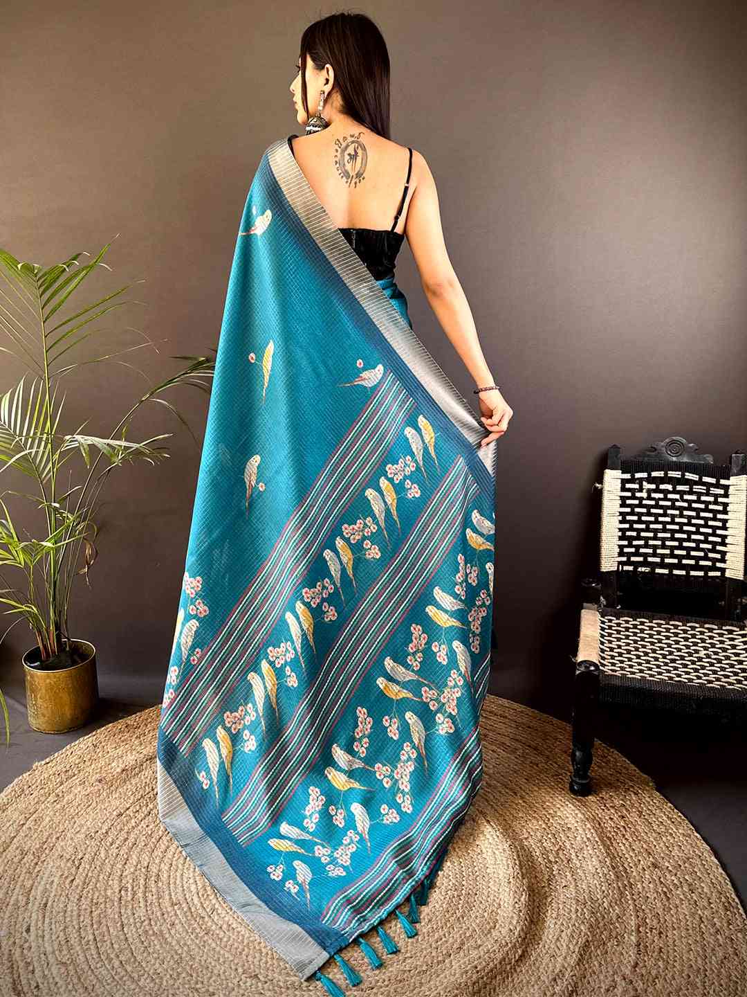 Blue Chanderi Check Sparrow Print Saree