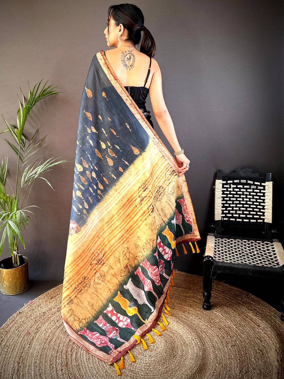 Navy Chanderi Floral Kalamkari Digital Print Saree