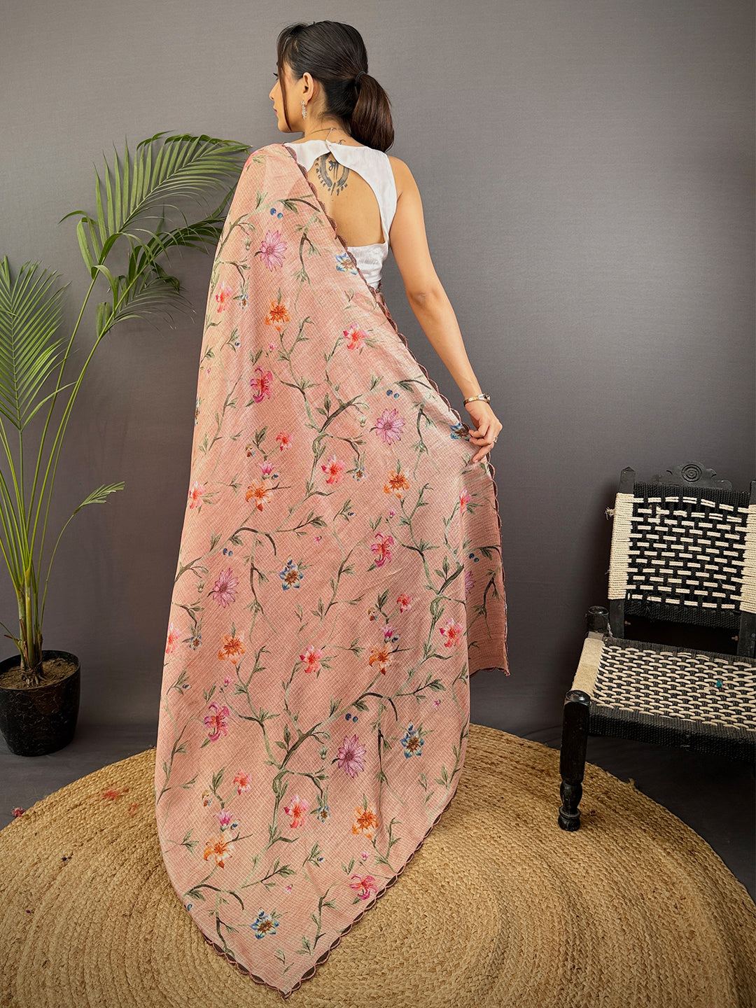 Peach Soft Kota Floral Print Saree
