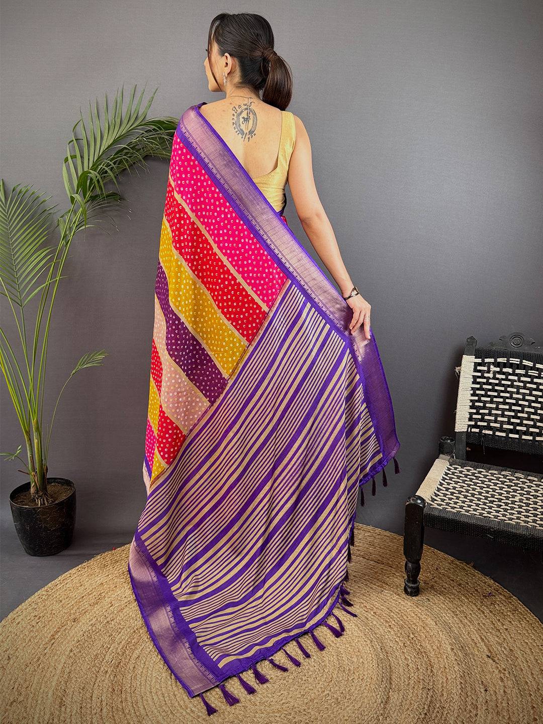 Purple Soft Dola Bandhej Print Saree