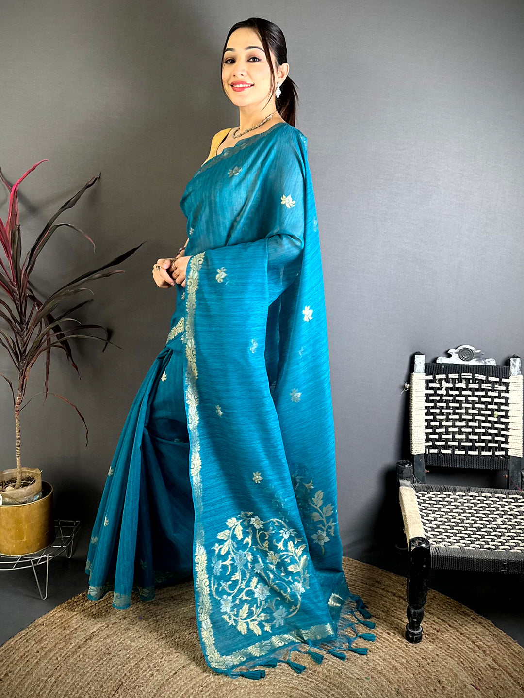 Sky Blue Sona Chandi Muga Cotton Saree