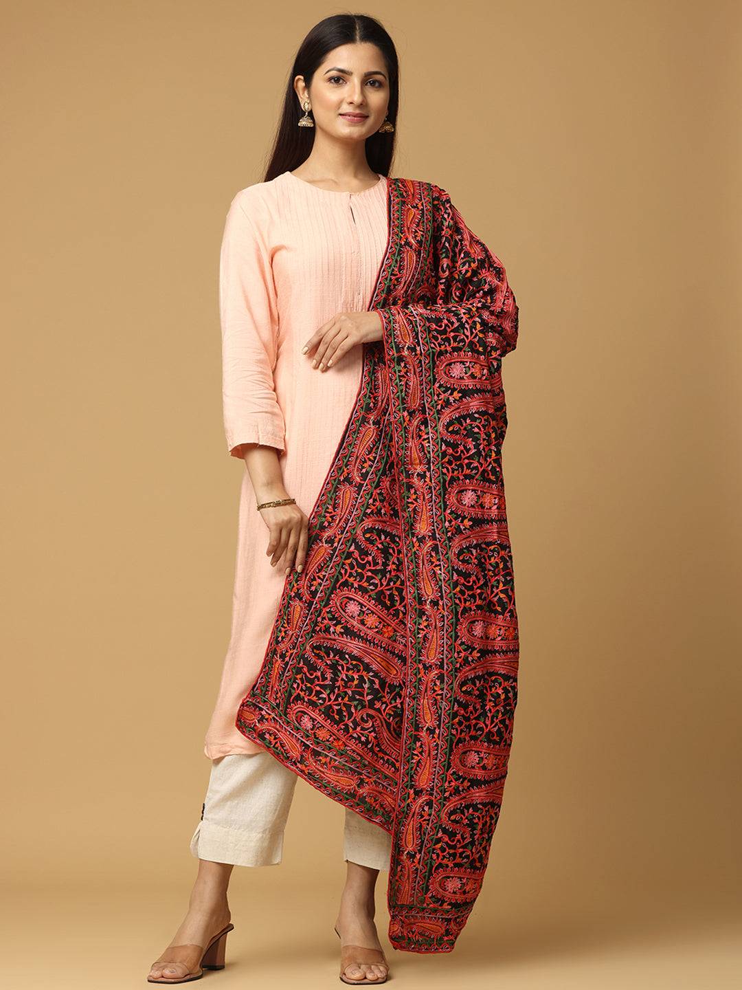 Black poly chiffon dupatta with ethnic motifs and pashmina thread