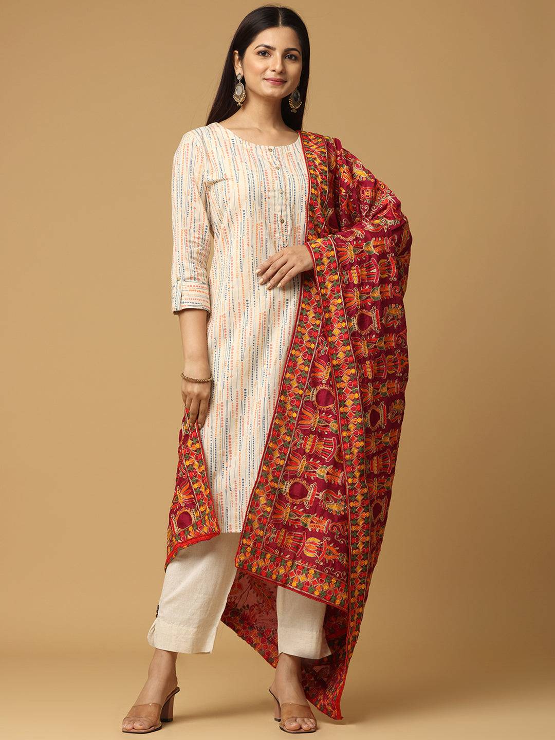 Front view of wine colour poly chiffon pashmina dupatta