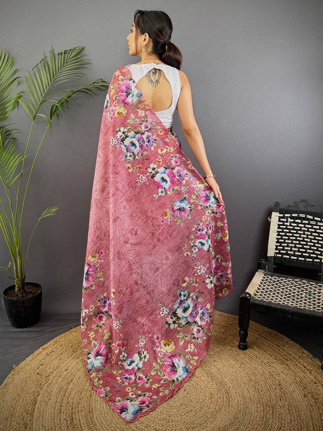 Dusty Mauve Floral Cut Work Kota Saree