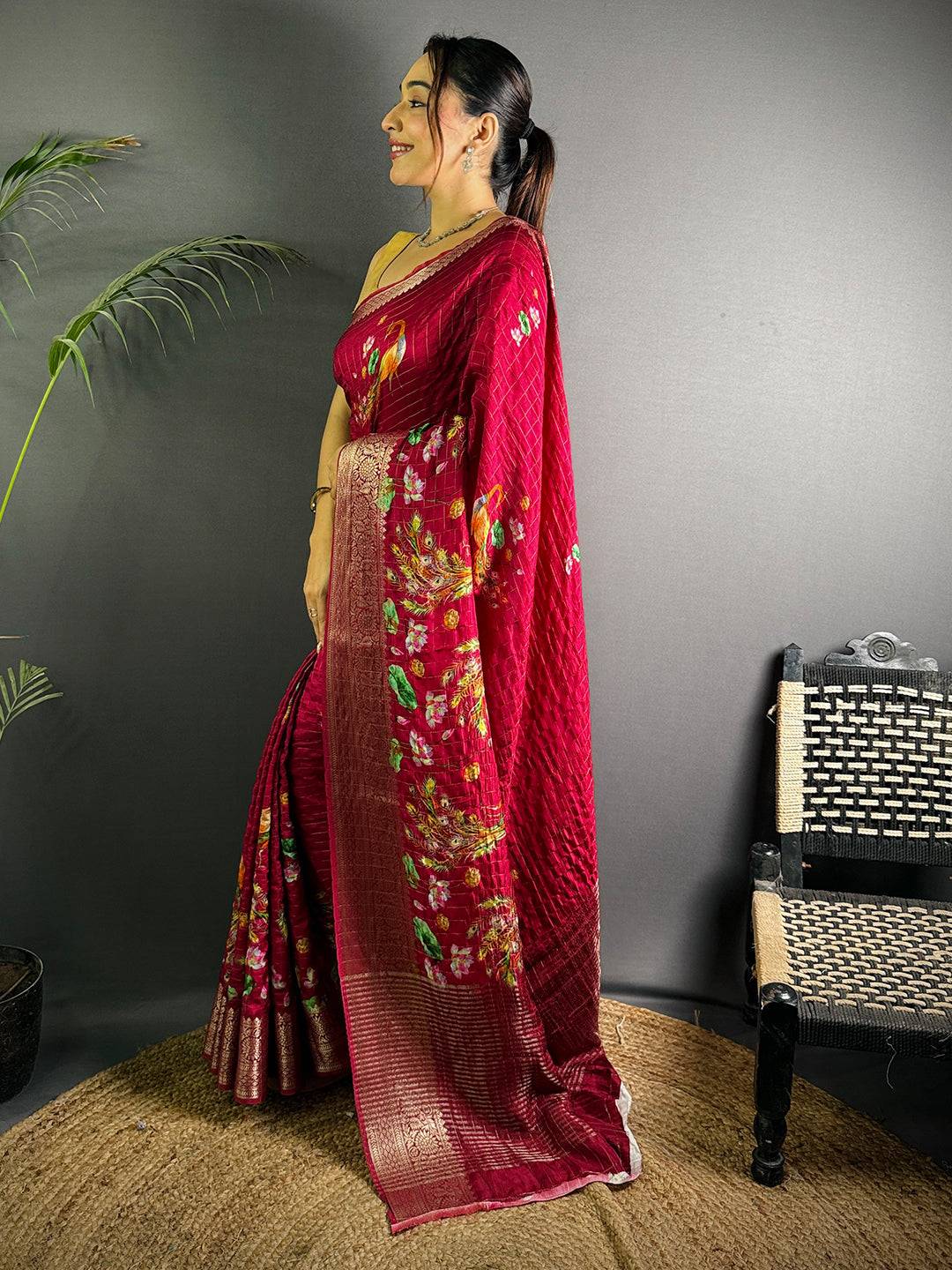 Rose Pink Pure Viscose Kalalmkari Print Saree