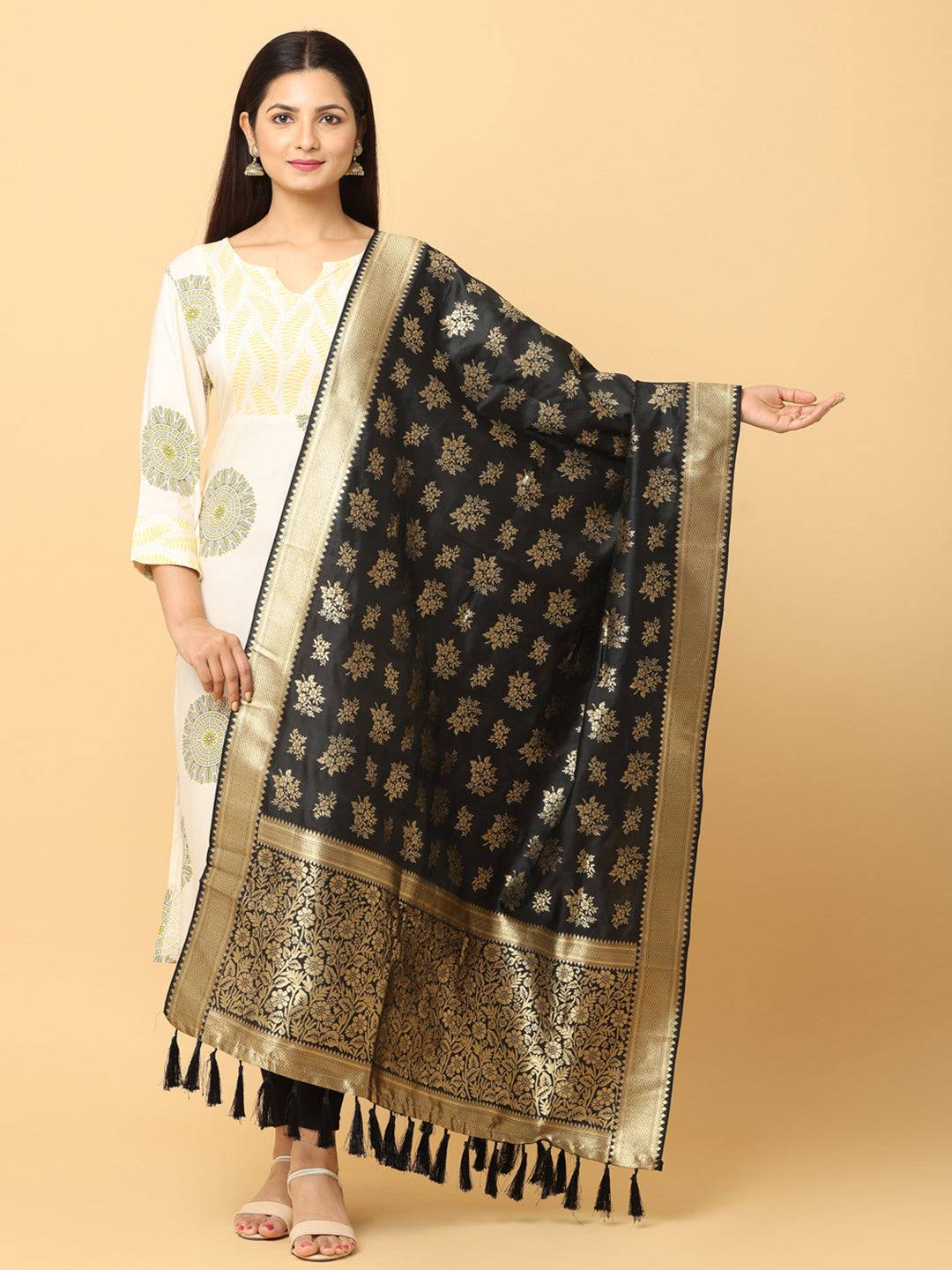 Black silk blend dupatta with resham tassels, floral design.
